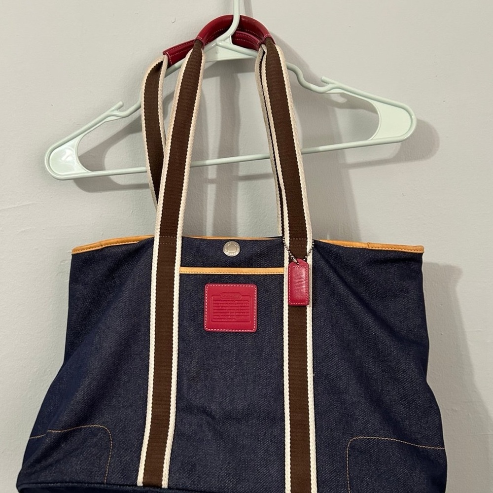 Coach, Stylish Denim Tote Bag with Red Accents